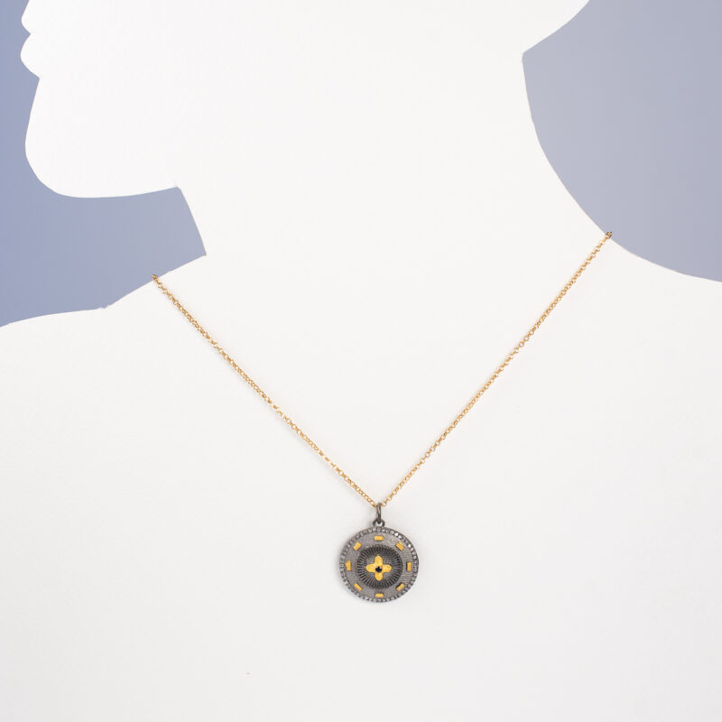 Circular Rhodium and Gold Pendant Necklace with Small Quatrefoil Pattern - Image 2