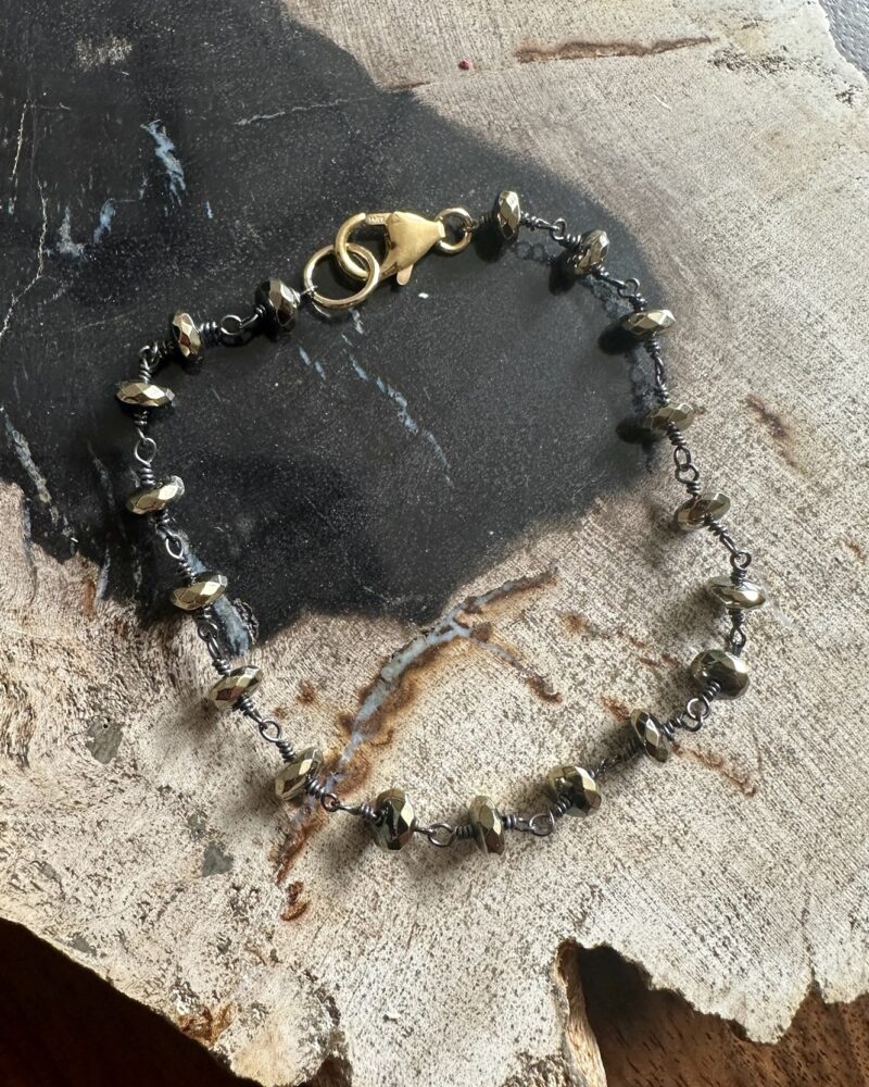 Hand-Tied Pyrite Bracelet with Oxidized Wire and Gold Lobster Clasp