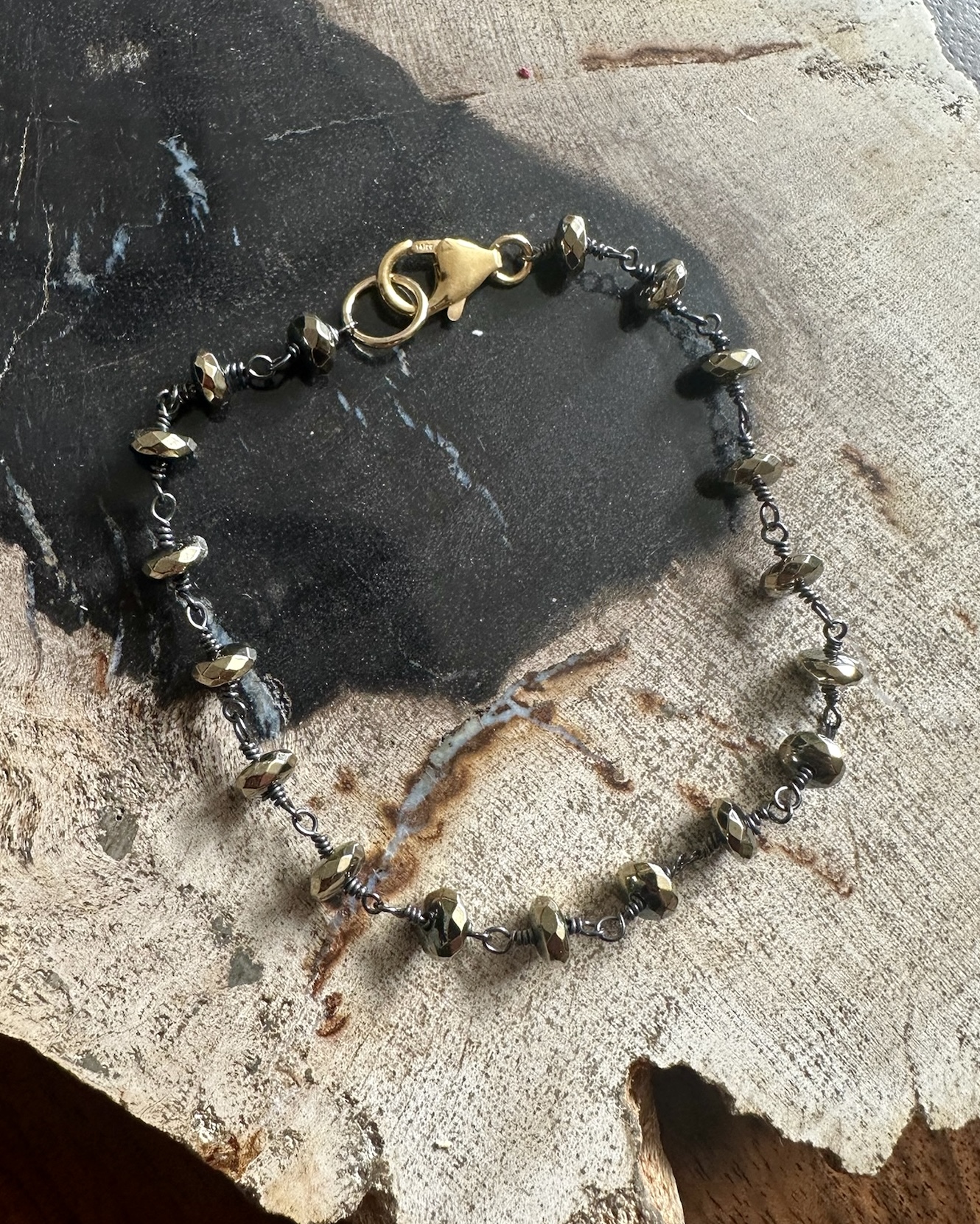 Hand-Tied Pyrite Bracelet with Oxidized Wire and Gold Lobster Clasp
