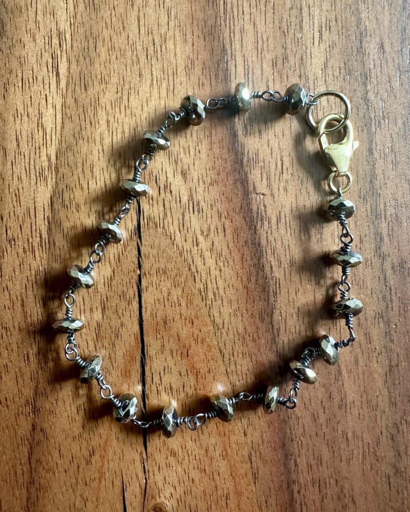 Hand-Tied Pyrite Bracelet with Oxidized Wire and Gold Lobster Clasp - Image 2