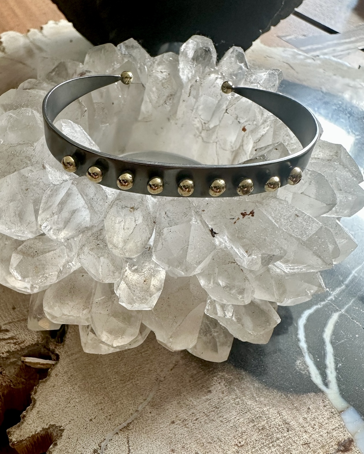 Oxidized Bangle with Gold Ball Accents