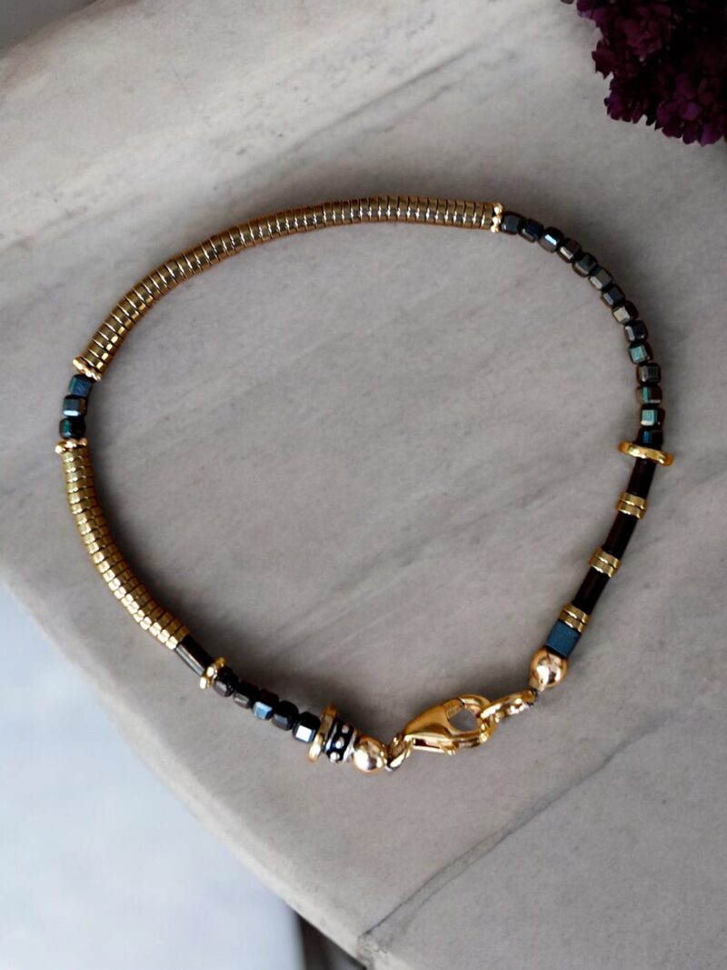 Gold & Brown Hematite Bracelet with Silver and Gold Details