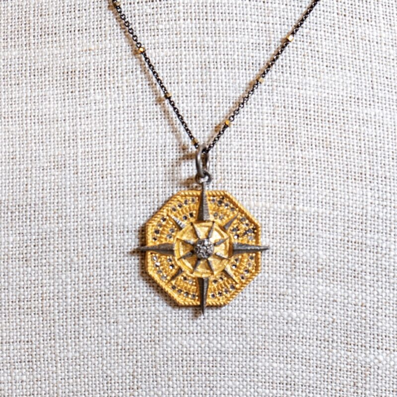 Compass Pendant Necklace – Gold, Silver & Pavé Diamonds - Image 4