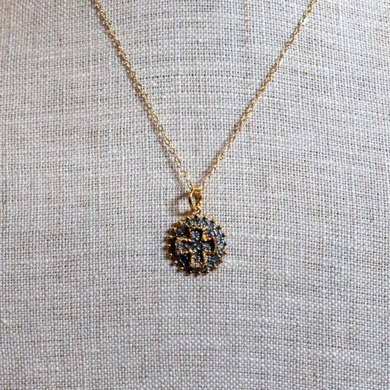 Gold & Silver Coin Necklace with Inlaid Pave Cross