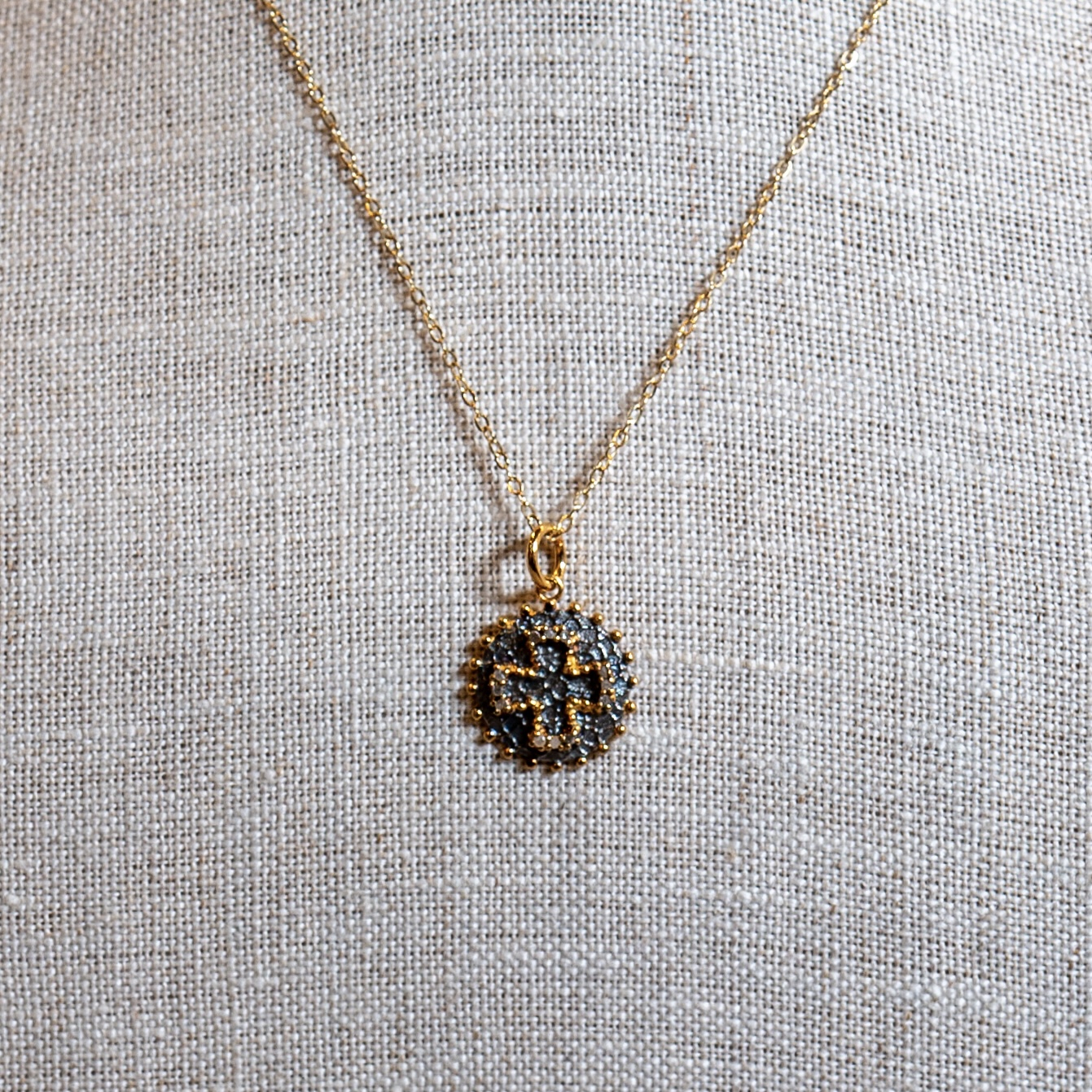 Gold & Silver Coin Necklace with Inlaid Pave Cross