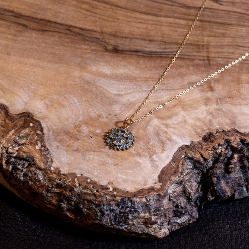 Gold & Silver Coin Necklace with Inlaid Pave Cross - Image 2