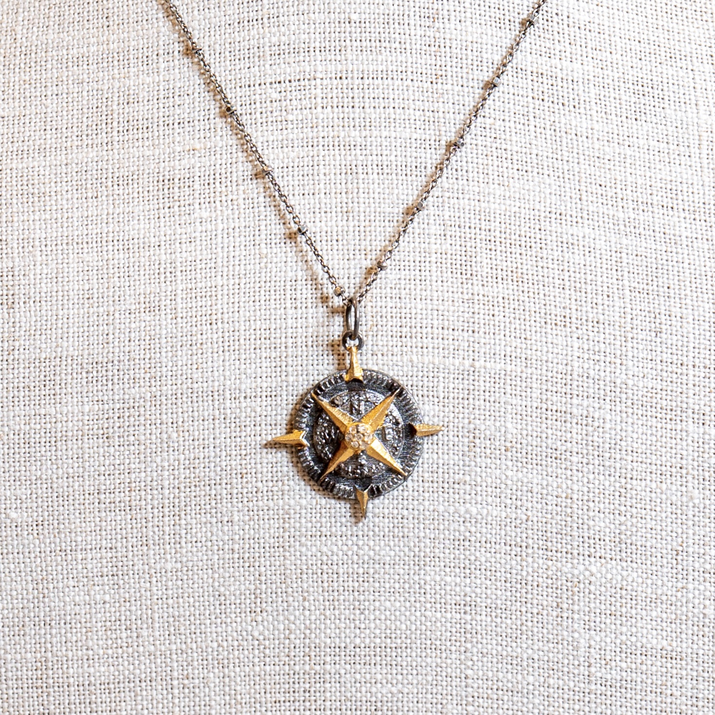 Silver Compass Necklace with Pave Diamond Accents