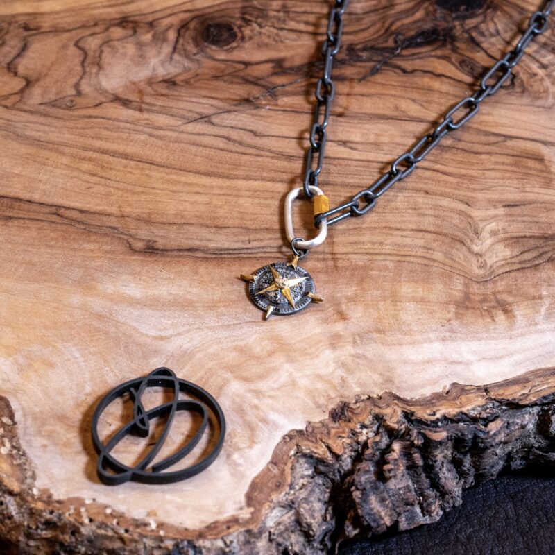 Silver Compass Necklace with Pave Diamond Accents - Image 3