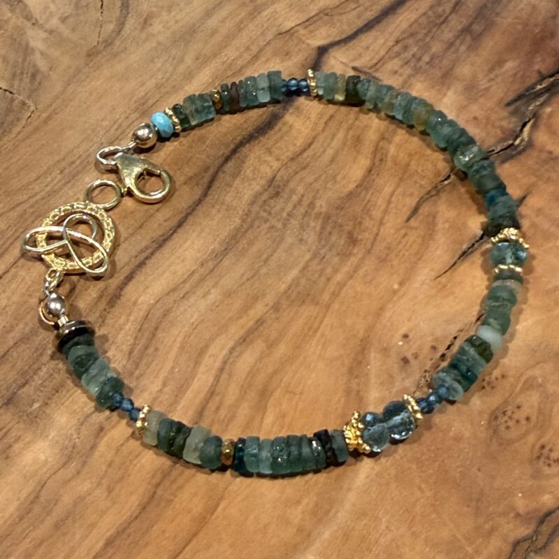 Flat cut Roman Glass with Zambia emeralds bracelet