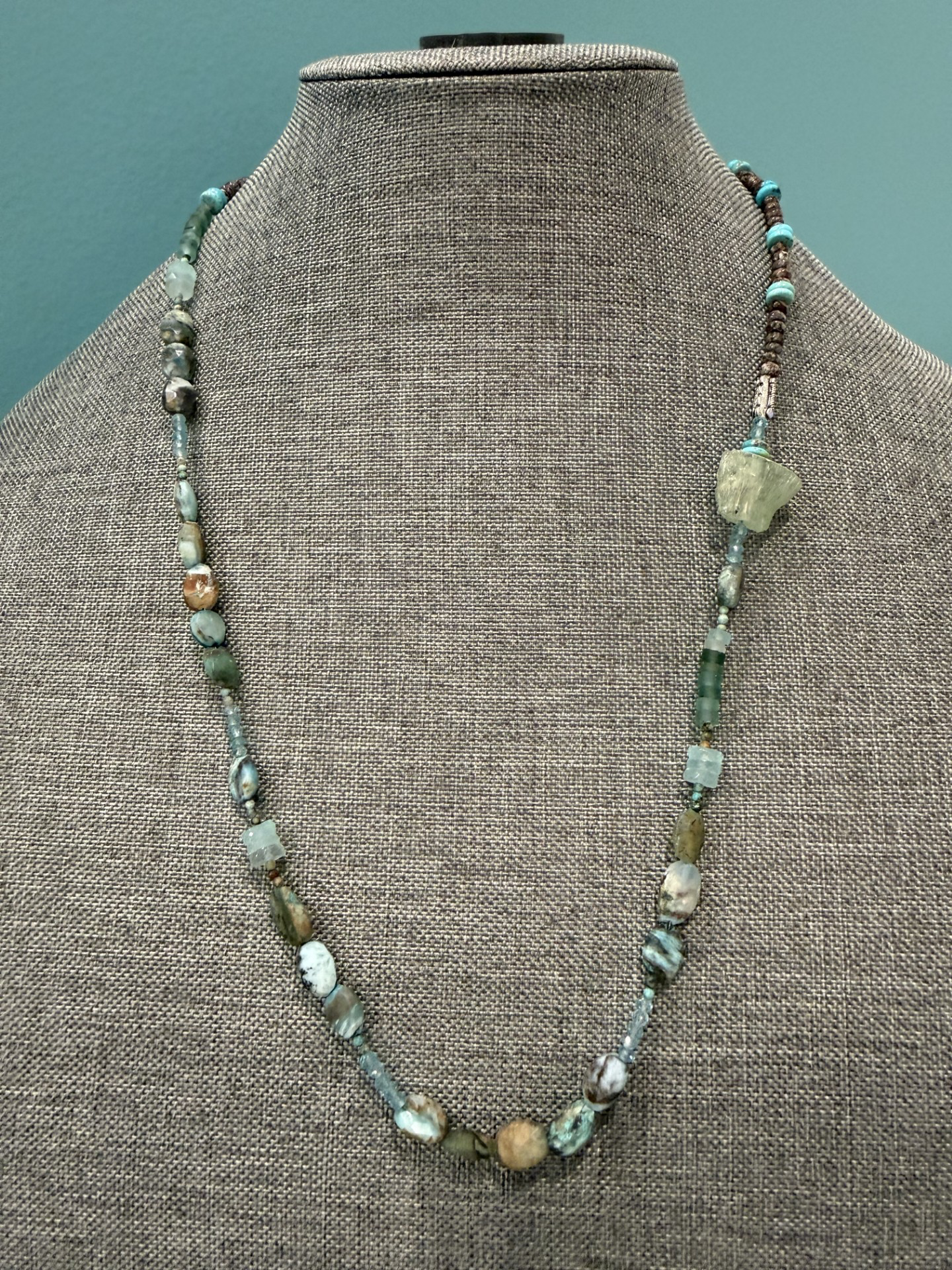 Peruvian opals, chalcedony, appatite, turquoise and silver details 26"
