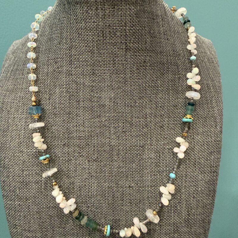 Multi shapes of Opals with seaglass, gold, turquoise and micro labradorite stones, gold and hematite 18"