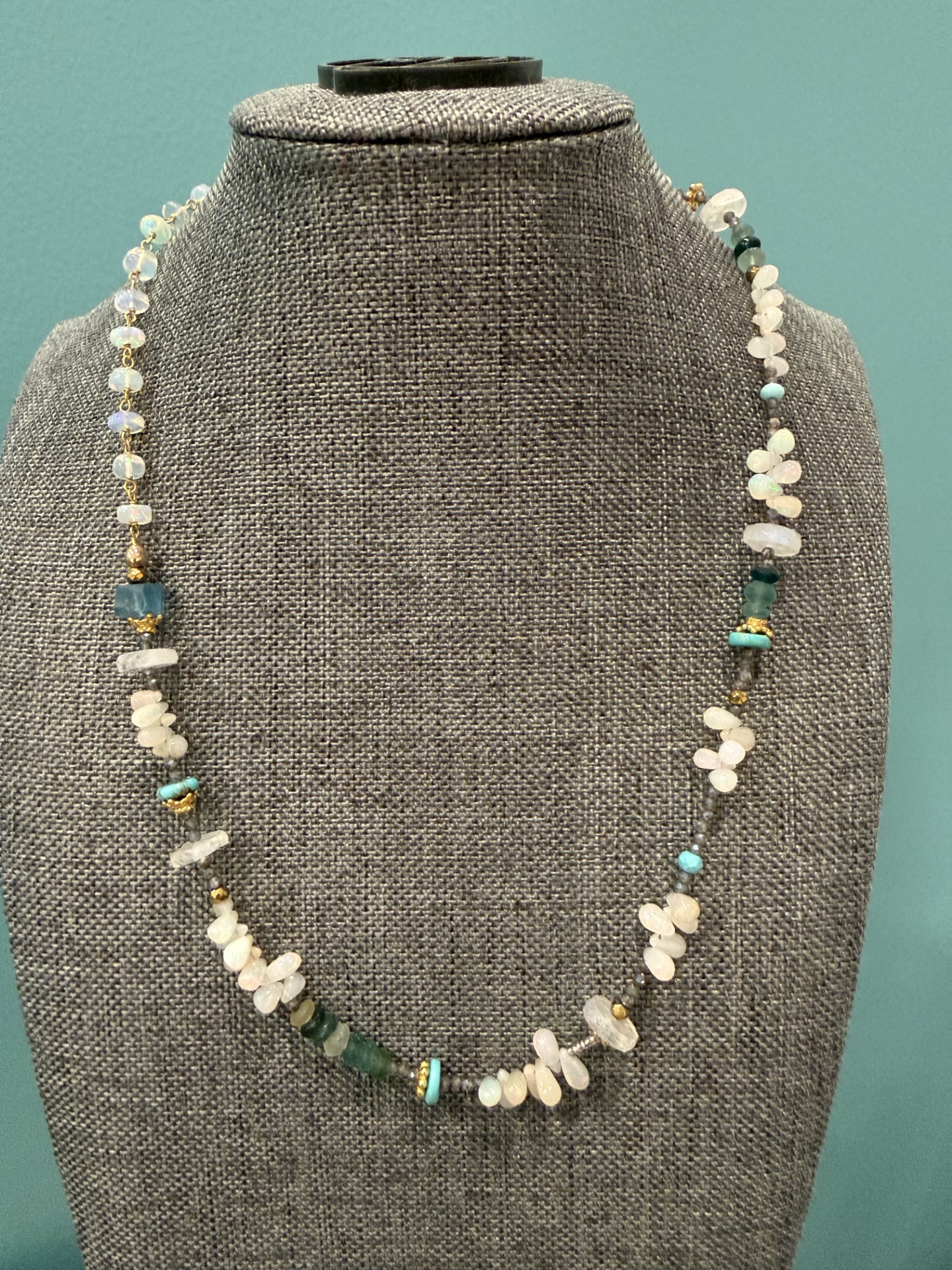 Multi shapes of Opals with seaglass, gold, turquoise and micro labradorite stones, gold and hematite 18"