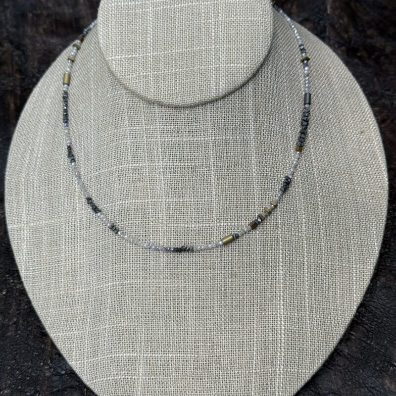 Micro moonstones with rough black natural diamonds and hematite, gold lobster