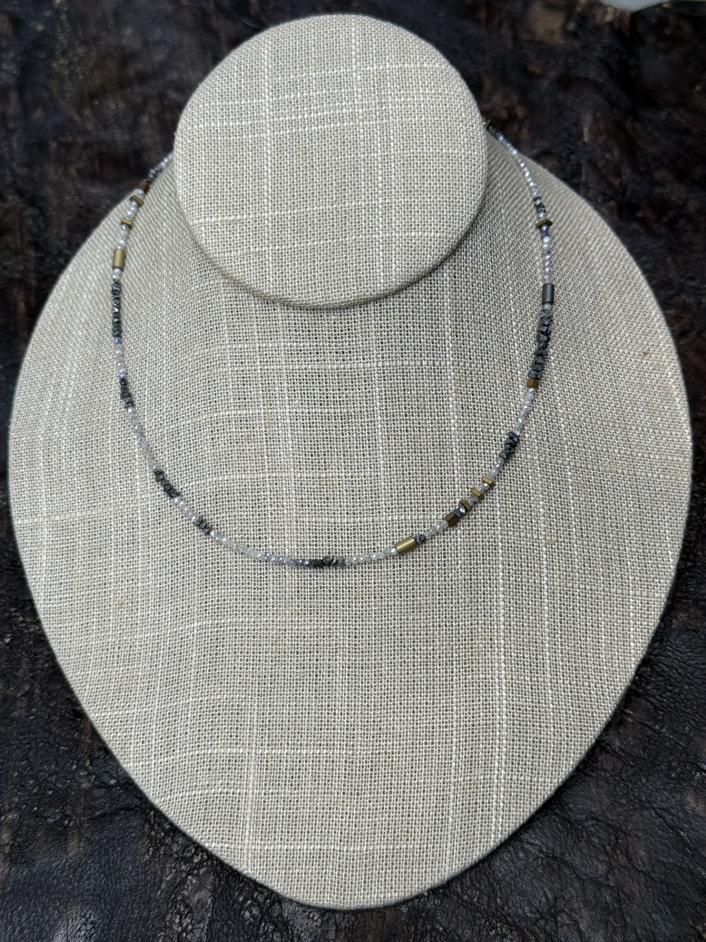 Micro moonstones with rough black natural diamonds and hematite, gold lobster