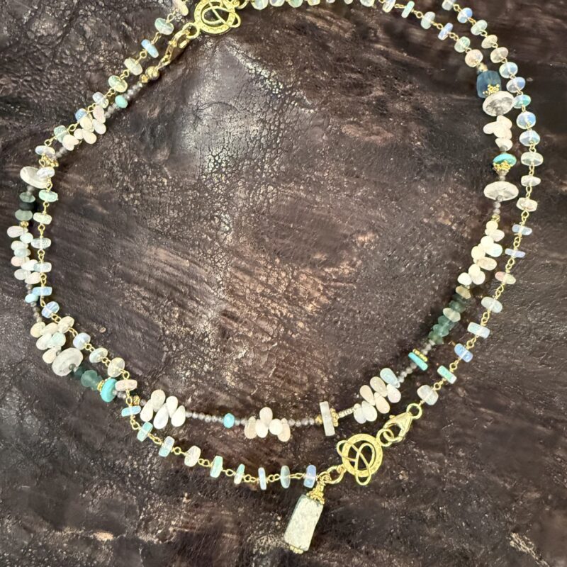 Hand-tied opals on gold wire with Roman glass dangle, 20"