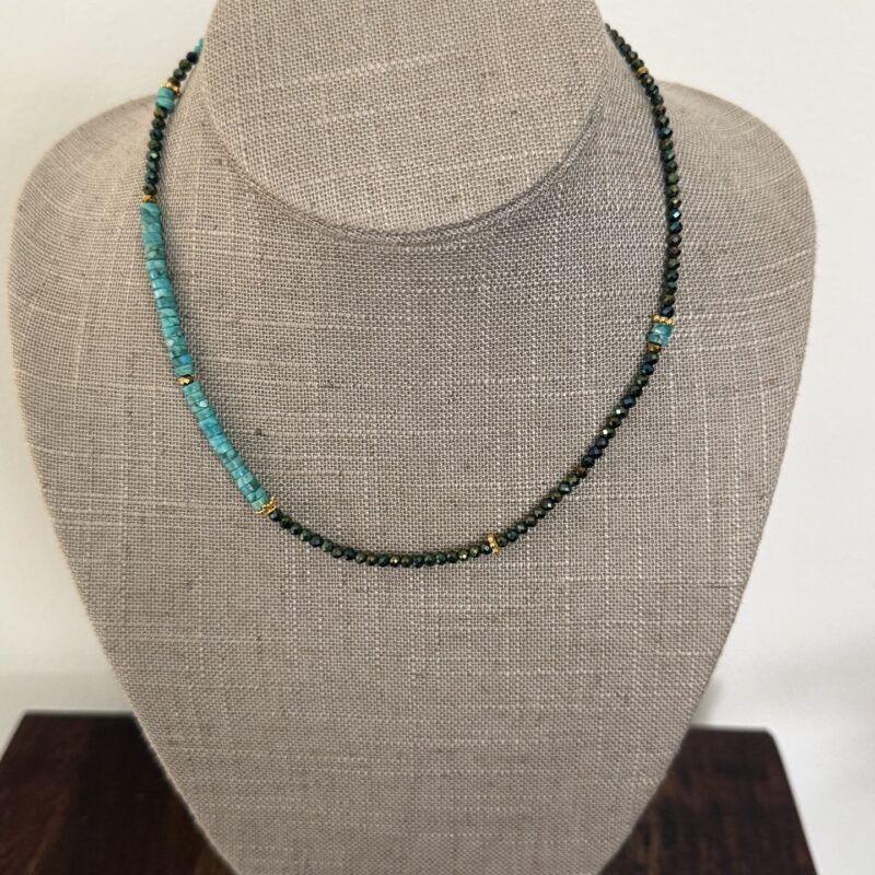 Hishi cut turquoise with peacock coated pyrite and gold details necklace