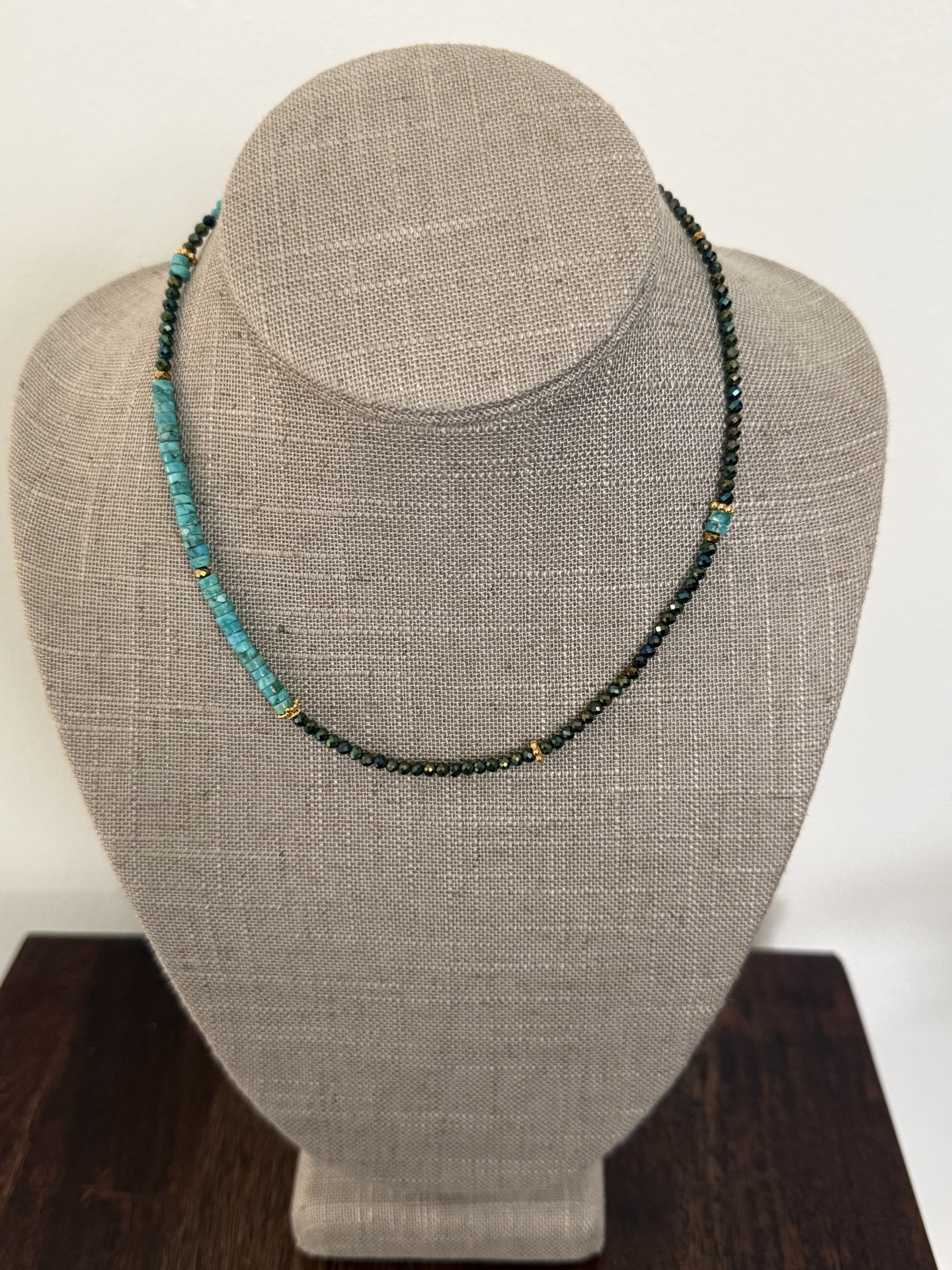 Hishi cut turquoise with peacock coated pyrite and gold details necklace
