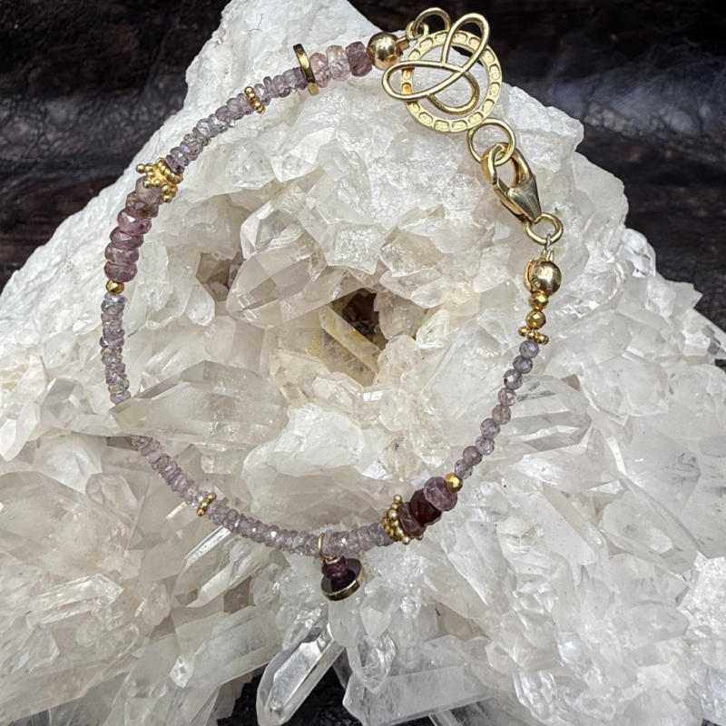 Lavender  sapphires, amethyst and pink spinel with gold details, 7.5"