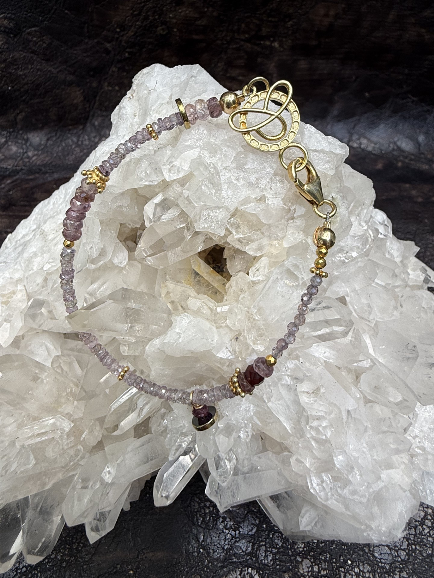 Lavender  sapphires, amethyst and pink spinel with gold details, 7.5"