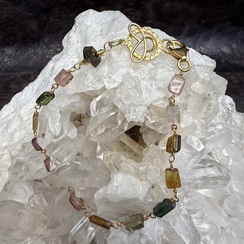 Multicolored tourmaline rectangles hand-tied with gold wire, 7.5"