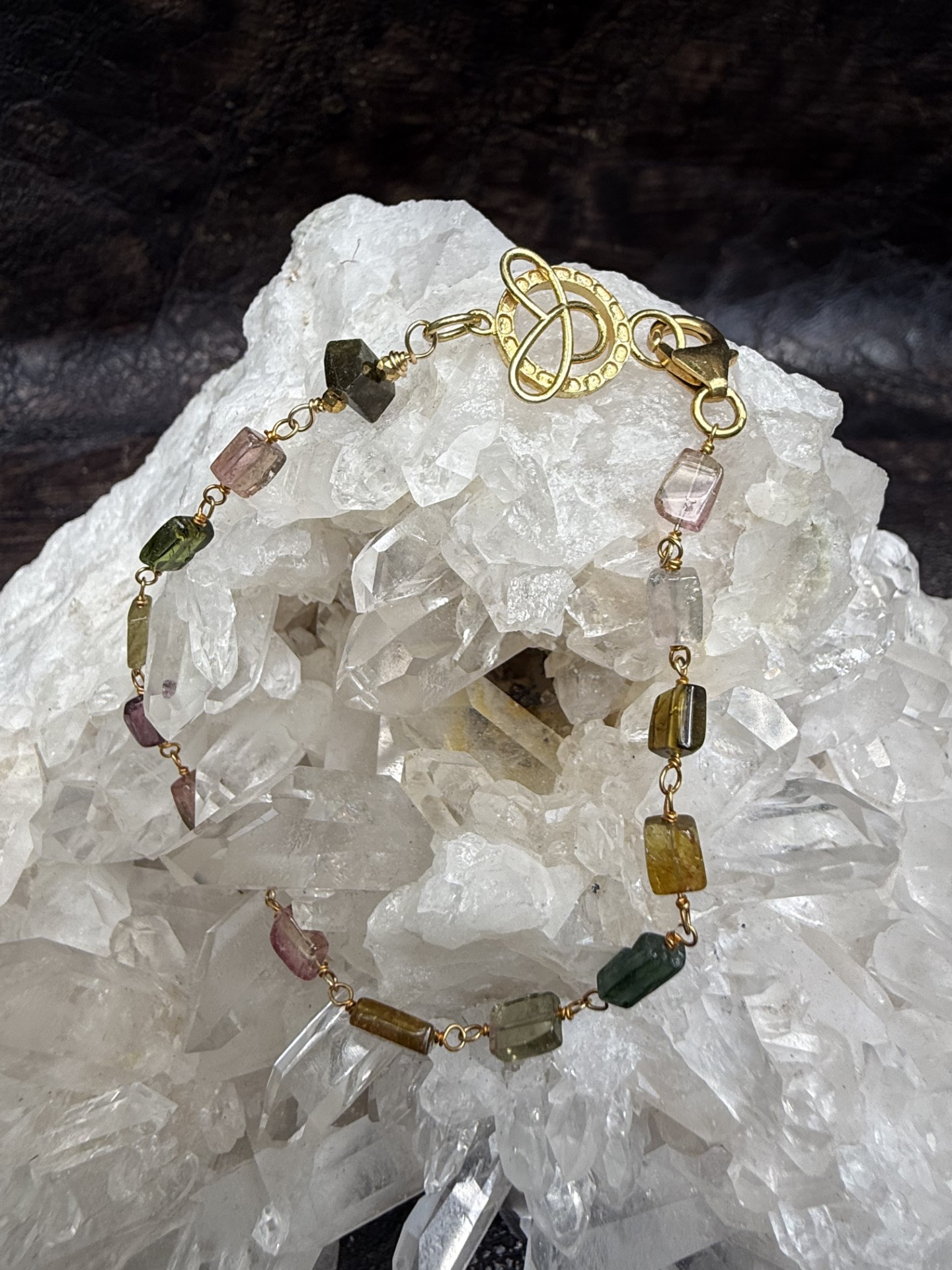 Multicolored tourmaline rectangles hand-tied with gold wire, 7.5"